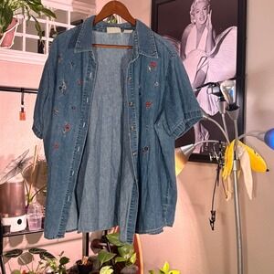 Basic Editions Plus Size 26W Denim Shirt Embroidered Flowers Short Sleeve